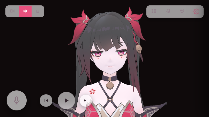 Sparkle Agent の Android 車載画面。中央に3Dアバター、左下に音声入力ボタン、上部に言語切替とメニュー。